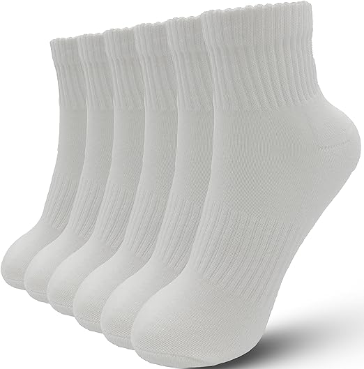 White Quarter Crew Socks for Men & Women (Pack of 6)